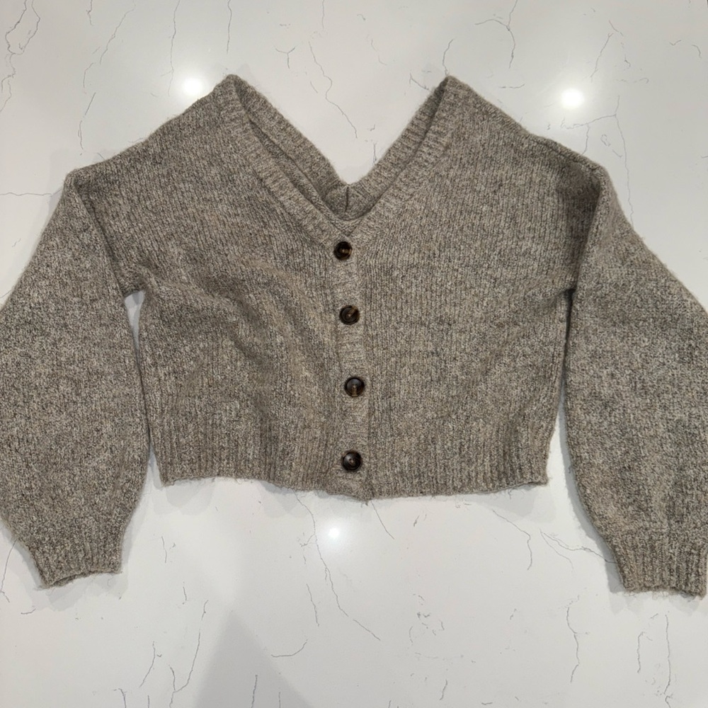 William Rast Tan Knit Cropped V Neck Button Down Sweater Cardigan Women’s Large